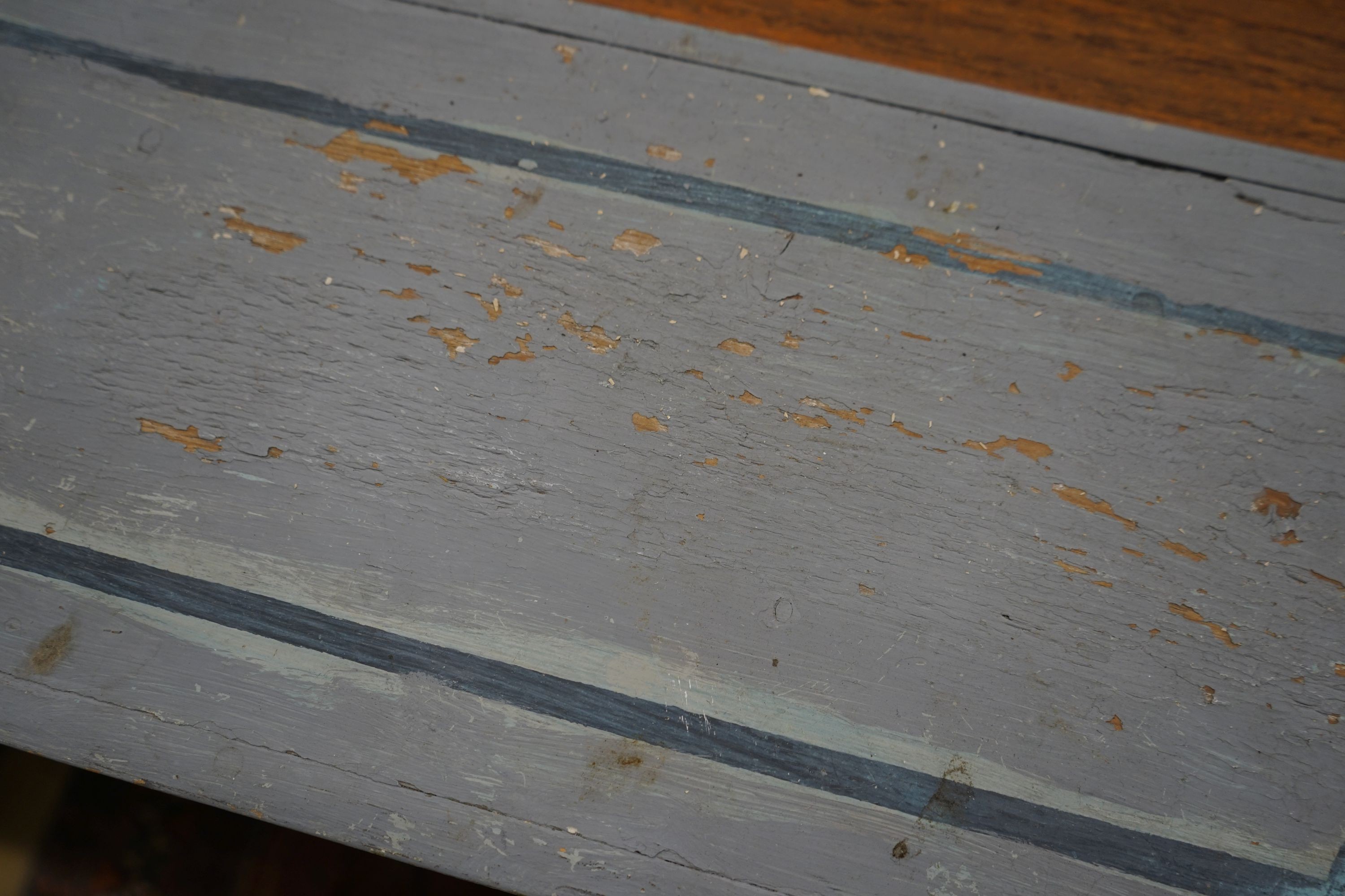 A blue painted pine open bookcase, width 120cm, depth 24cm, height 83cm